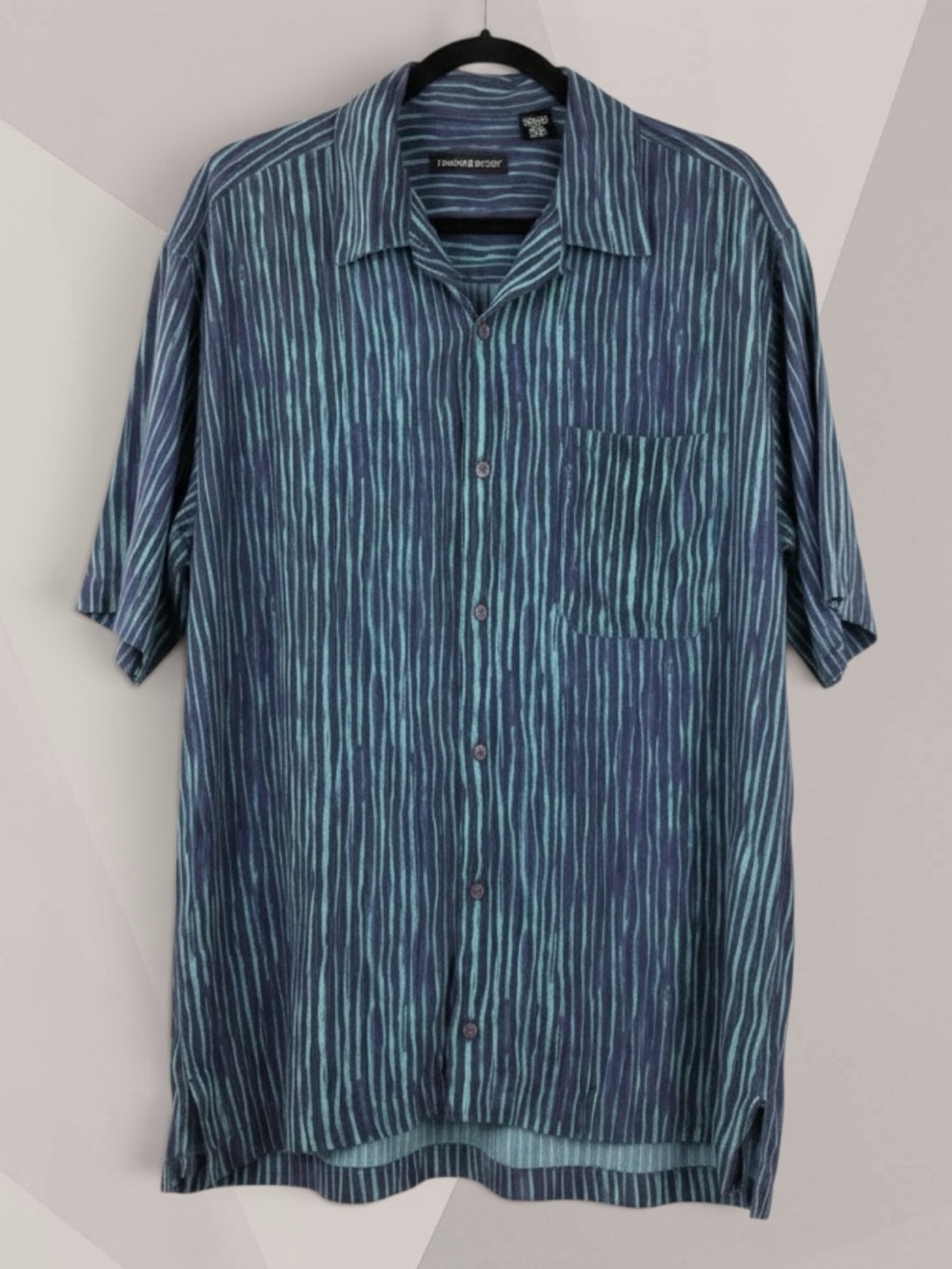 Jhane Barnes Blue and Teal Vertical Stripe Short-Sleeve Button Silk Shirt